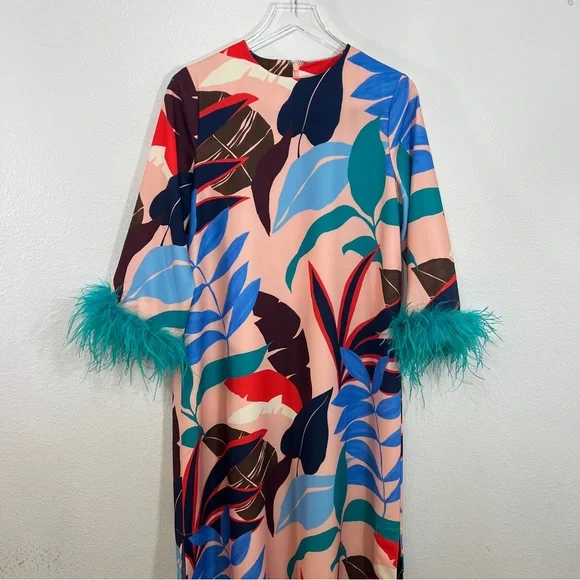 Tuckernuck Vibrant Palm Midi Dress Feather Cuff Sleeves Resort Statement Dress - Picture 3 of 8